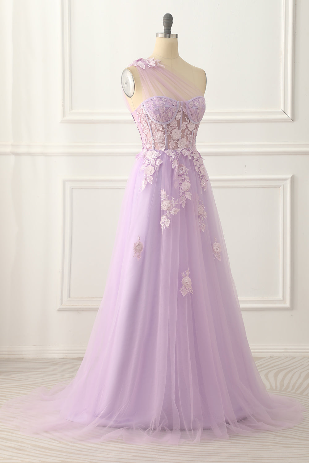 Bridesmaid Dresses Sleeveless, One Shoulder A-line Tulle Lavender Prom Dress with Appliques