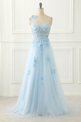 Long Sleeve Dress, Sky Blue Tulle A-line One Shoulder Prom Dress with Appliques