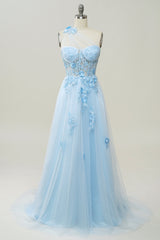 Prom Dress Store, A Line One Shoulder Sky Blue Long Prom Dress with Appliques