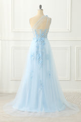 Summer Wedding, Sky Blue Tulle A-line One Shoulder Prom Dress with Appliques