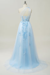 Prom Dresses Store, A Line One Shoulder Sky Blue Long Prom Dress with Appliques
