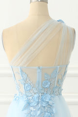Ball Dress, Sky Blue Tulle A-line One Shoulder Prom Dress with Appliques