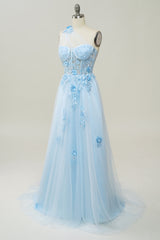 Prom Dressed Long, A Line One Shoulder Sky Blue Long Prom Dress with Appliques