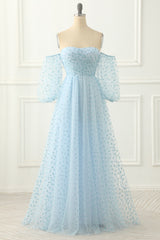 Elegant Prom Dress, Sky Blue Tulle Off the Shoulder Long Prom Dress