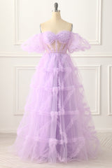 Bridesmaid Dresses Gold, Off the Shoulder A-line Tulle Lavender Prom Dress