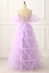Bridesmaid Dress Gold, Off the Shoulder A-line Tulle Lavender Prom Dress
