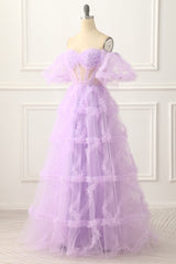 Bridesmaids Dress Gold, Off the Shoulder A-line Tulle Lavender Prom Dress