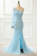 Trendy Dress Outfit, One Shoulder Sky Blue Mermaid Prom Dress With Appliques