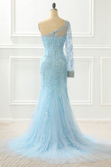 Party Dresses With Boots, One Shoulder Sky Blue Mermaid Prom Dress With Appliques