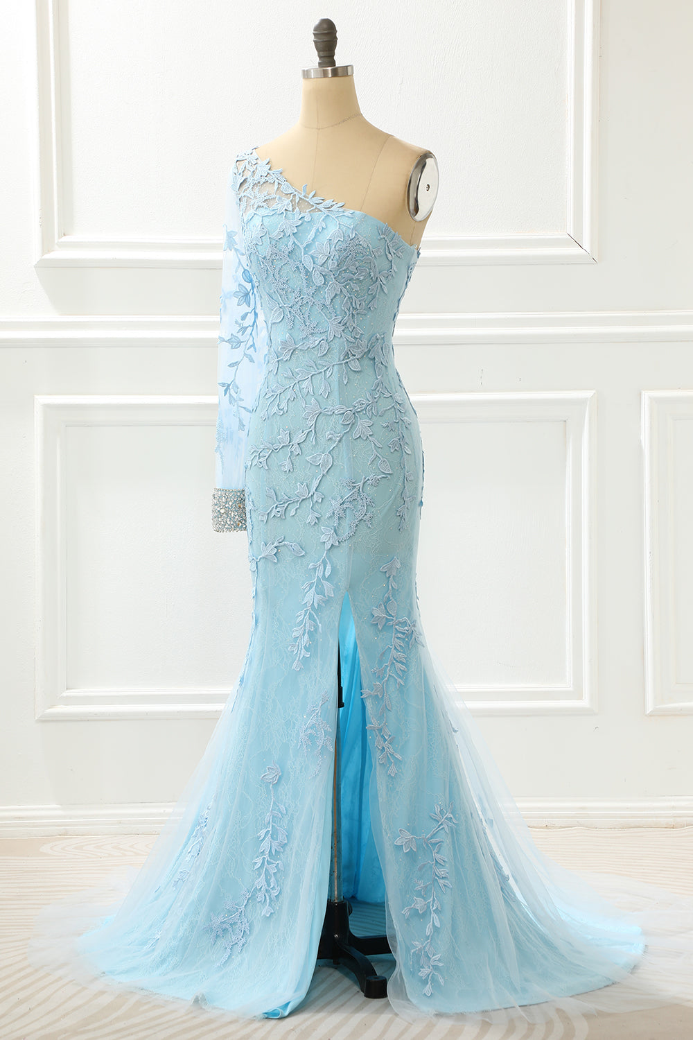 Prom Dress Red, One Shoulder Sky Blue Mermaid Prom Dress With Appliques