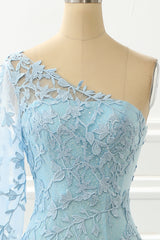 White Dress Outfit, One Shoulder Sky Blue Mermaid Prom Dress With Appliques