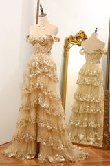 Bridesmaid Dresses Mismatched Neutral, Luxurious Gold A-Line Off The Shoulder Long Tiered Prom Dress with Sequin