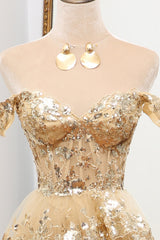 Bridesmaid Dresses Earth Tones, Luxurious Gold A-Line Off The Shoulder Long Tiered Prom Dress with Sequin