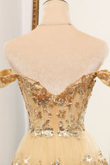 Wedding Decor, Luxurious Gold A-Line Off The Shoulder Long Tiered Prom Dress with Sequin