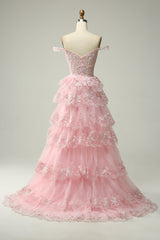 Prom Dresses Light Blue Long, Princess A Line Off the Shoulder Pink Long Prom Dress with Appliques