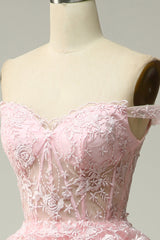 Prom Dresses For 11 Year Olds, Princess A Line Off the Shoulder Pink Long Prom Dress with Appliques