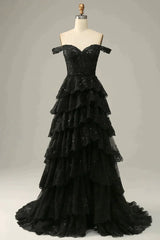 Classy Dress, Sparkly Black Off The Shoulder Long Tiered Corset Prom Dress With Sequin