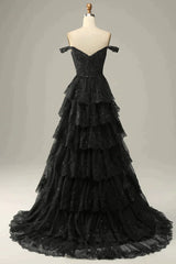 Semi Formal Dress, Sparkly Black Off The Shoulder Long Tiered Corset Prom Dress With Sequin