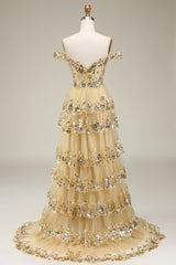 Mini Dress, Sparkly Gold Off The Shoulder A-Line Prom Dress with Sequin And Split