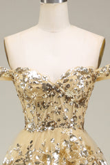 Blue Prom Dress, Sparkly Gold Off The Shoulder A-Line Prom Dress with Sequin And Split