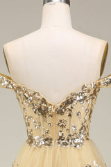 Evening Gown, Sparkly Gold Off The Shoulder A-Line Prom Dress with Sequin And Split