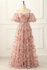 Bridesmaids Dresses Blush, Off the Shoulder A-line Flower Print Prom Dress