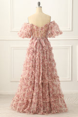 Bridesmaid Dress Blush, Off the Shoulder A-line Flower Print Prom Dress