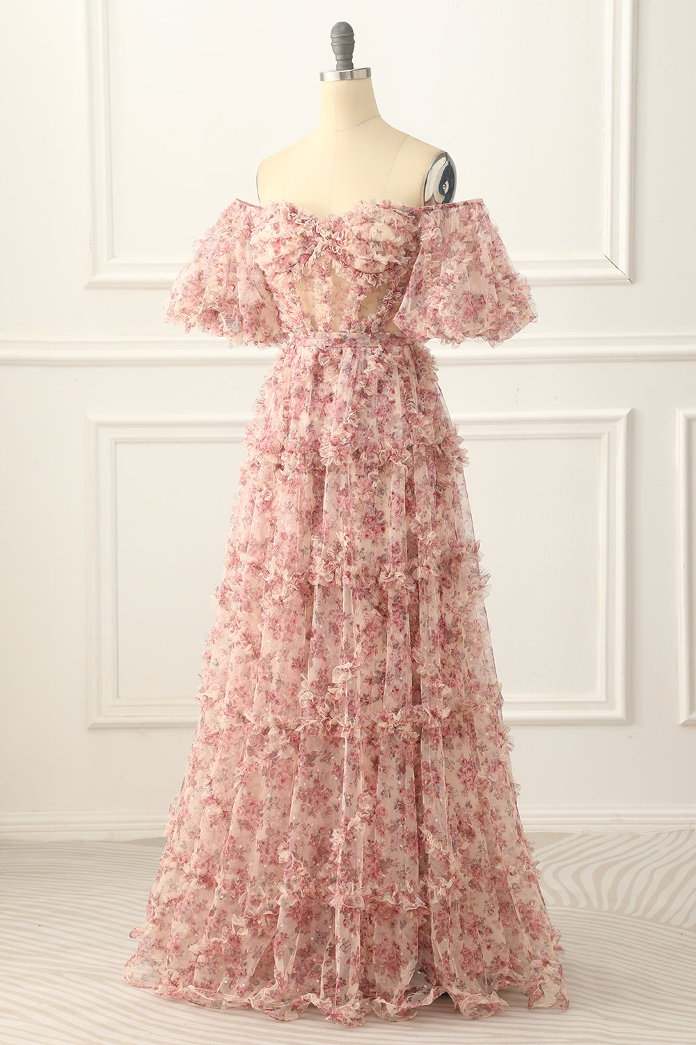 Bridesmaids Dresses Champagne, Off the Shoulder A-line Flower Print Prom Dress