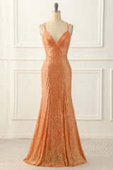 Bridesmaid Dresses For Girls, Orange Lace-up Back Sequins Prom Dress