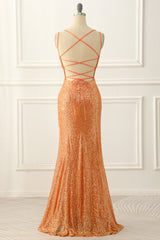 Bridesmaids Dress Red, Orange Lace-up Back Sequins Prom Dress