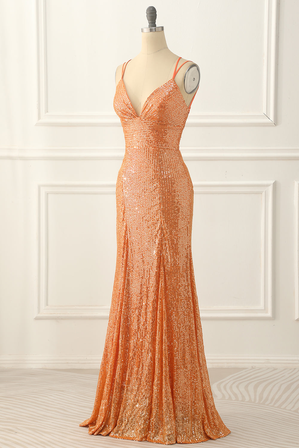 Bridesmaid Dress Red, Orange Lace-up Back Sequins Prom Dress