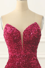 Bridesmaid Dresses Velvet, Hot Pink Sequin Mermaid Prom Dress with Split Front