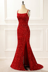 Formal Dresses For Wedding, Mermaid Red Sparkly Prom Dress with Fringes