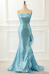 Formal Dress For Beach Wedding, Strapless Blue Sequin Mermaid Prom Dress With Feathers