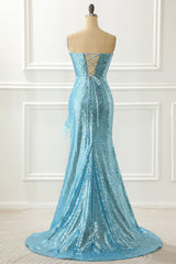 Formal Dresses Modest, Strapless Blue Sequin Mermaid Prom Dress With Feathers