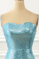 Formal Dresses For Black Tie Wedding, Strapless Blue Sequin Mermaid Prom Dress With Feathers