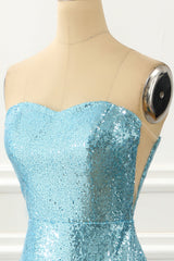 Formal Dress Modest, Strapless Blue Sequin Mermaid Prom Dress With Feathers