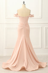 Bridesmaids Dress Burgundy, Blush Off the Shoulder Mermaid Prom Dress with Slit