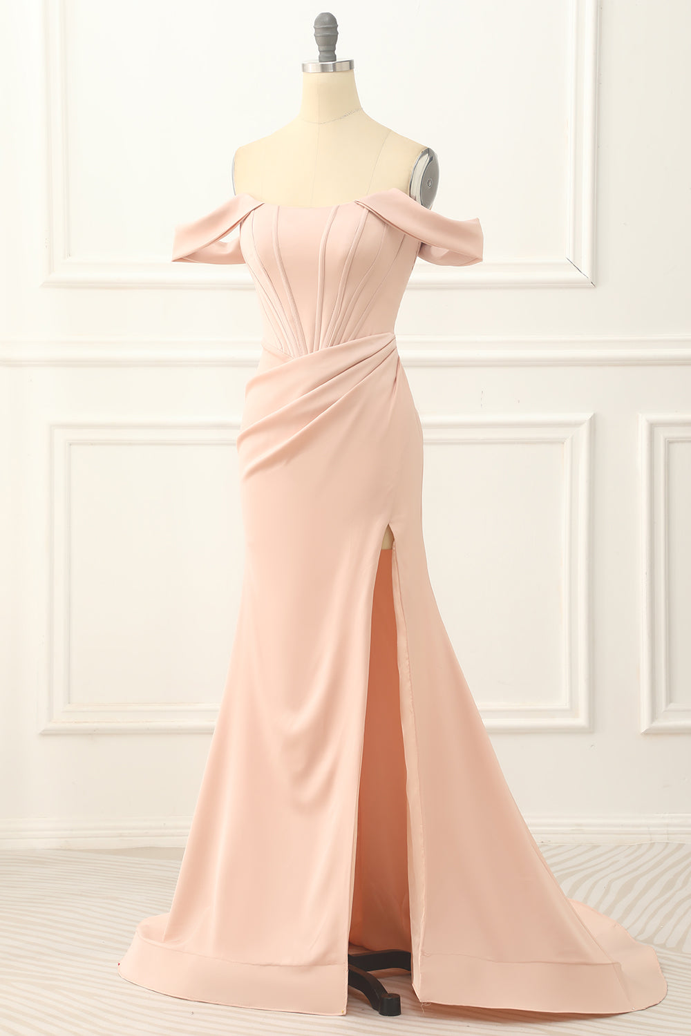Bridesmaid Dress Burgundy, Blush Off the Shoulder Mermaid Prom Dress with Slit