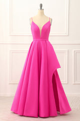Mother Of The Bride Dress, Hot Pink A-line Satin Prom Dress with Slit