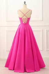 Boho Wedding, Hot Pink A-line Satin Prom Dress with Slit