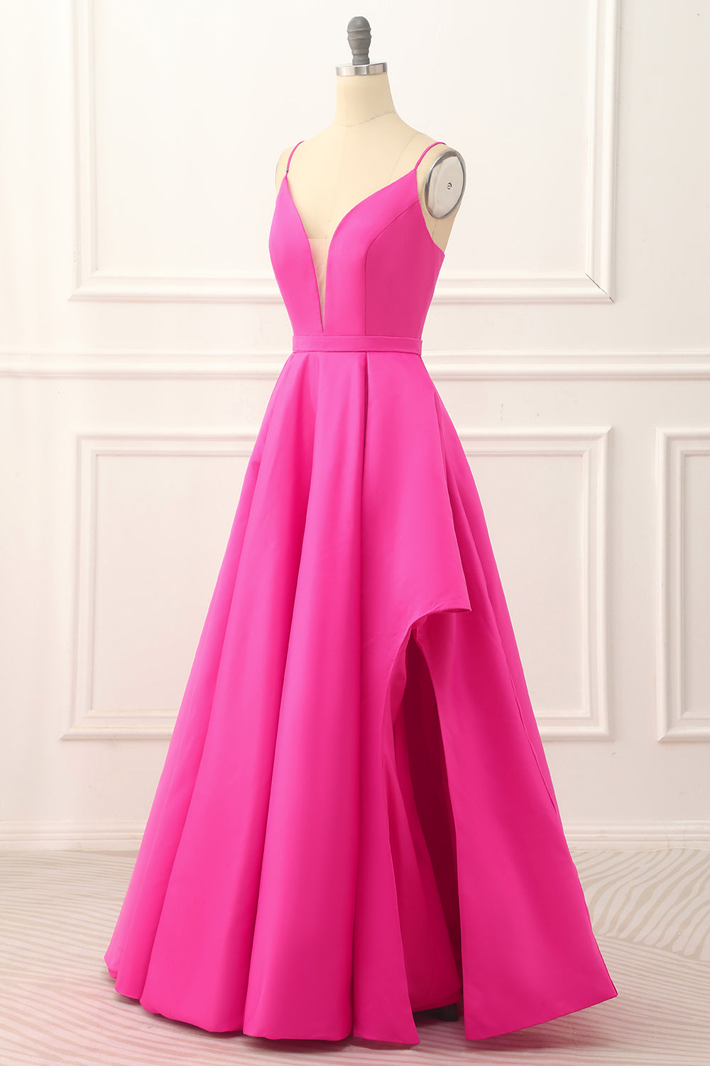 Bridesmaids Dress Peach, Hot Pink A-line Satin Prom Dress with Slit