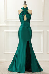 Tights Dress Outfit, Halter Dark Green Satin Mermaid Prom Dress With Slit