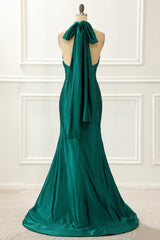 Prom 2034, Halter Dark Green Satin Mermaid Prom Dress With Slit