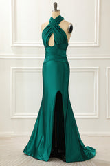 Dinner Dress Classy, Halter Dark Green Satin Mermaid Prom Dress With Slit
