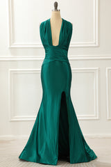 Fancy Outfit, Halter Dark Green Satin Mermaid Prom Dress With Slit