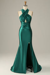 Prom Dresses Light Blue, Dark Green Halter Convertible Lace Up Mermaid Prom Bridesmaid Dress With Slit