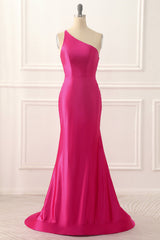 Party Dress Trends, One Shoulder Hot Pink Satin Backless Long Prom Dress