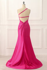 Party Dresses Ladies, One Shoulder Hot Pink Satin Backless Long Prom Dress