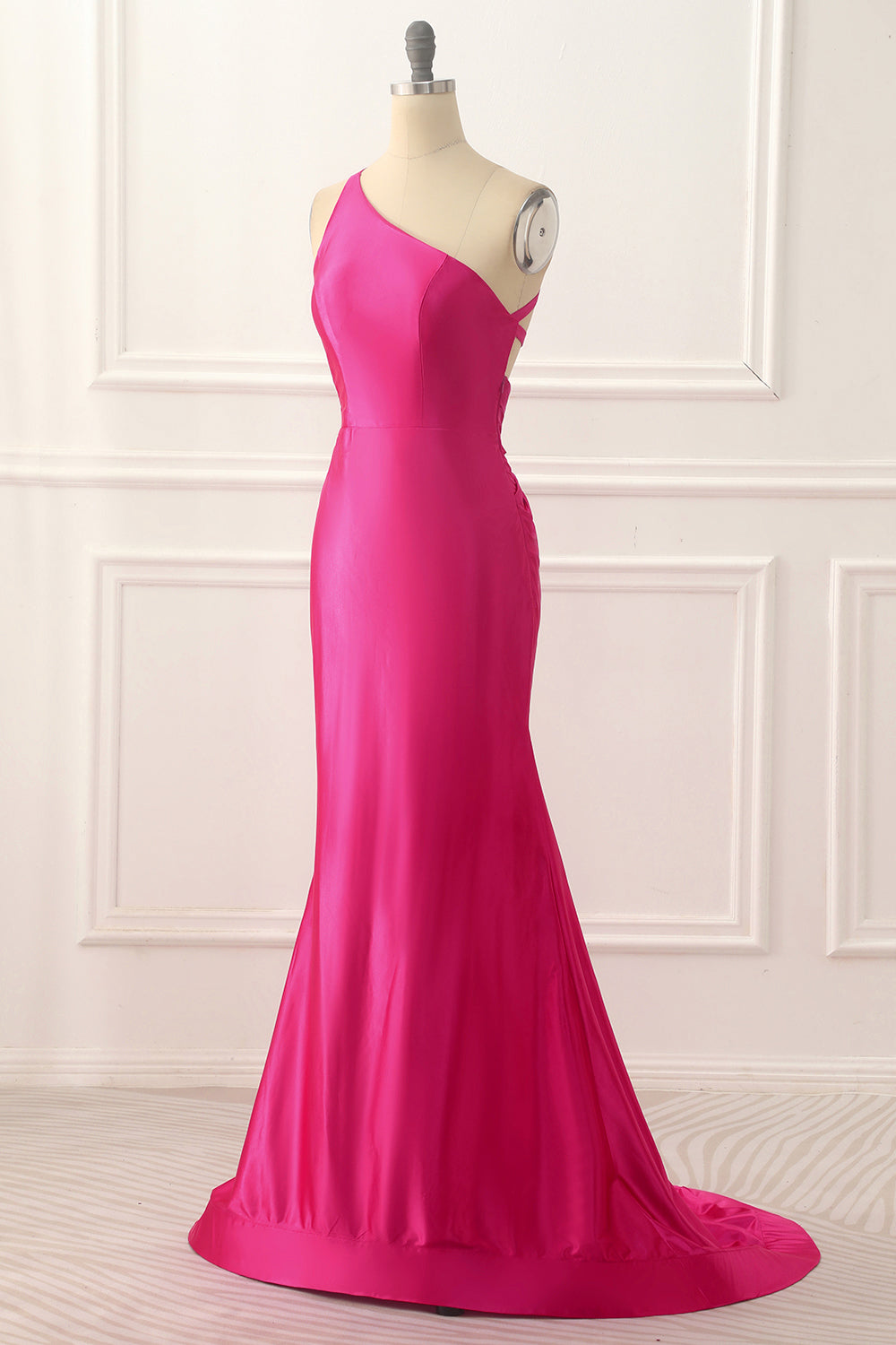 Party Dress Websites, One Shoulder Hot Pink Satin Backless Long Prom Dress